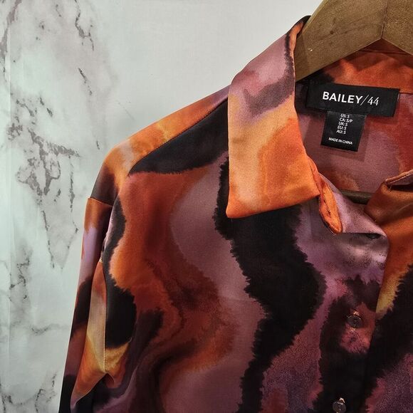 Bailey 44 Shirt Womens Small Orange Purple Satin Button Up Retro Disco Groovy - Picture 2 of 13